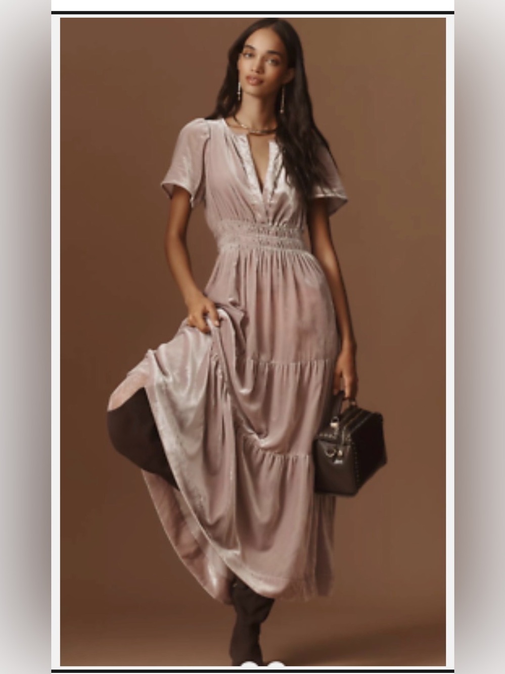 Anthropologie Dusty Rose Velvet Tiered Maxi Dress Smocked Waist Size L